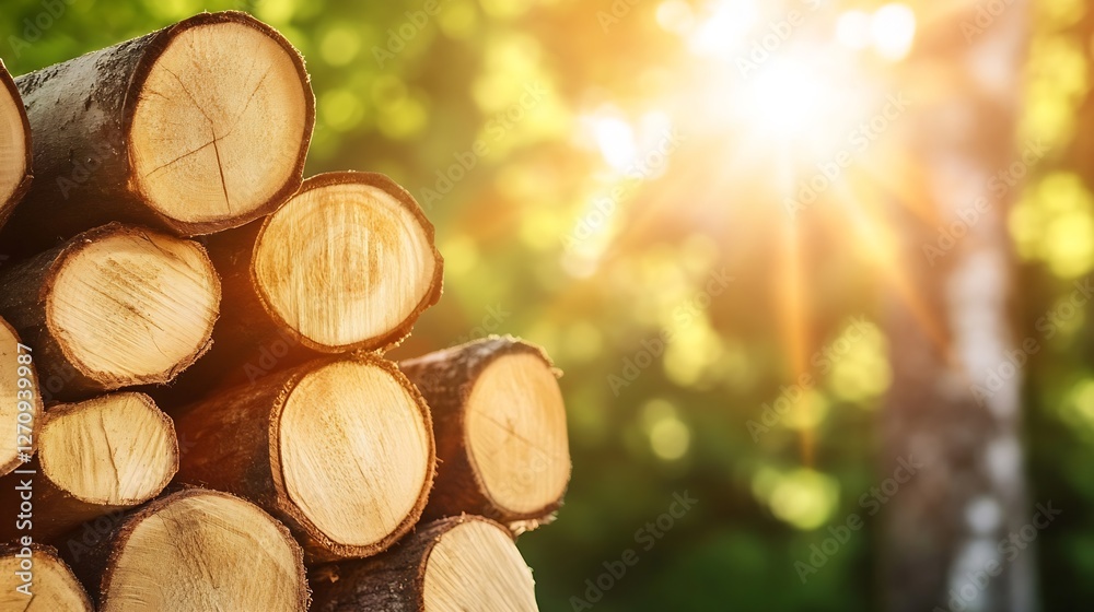 Poster stack of cut timber logs glowing in the sunlight with a beautiful green forest background : generati