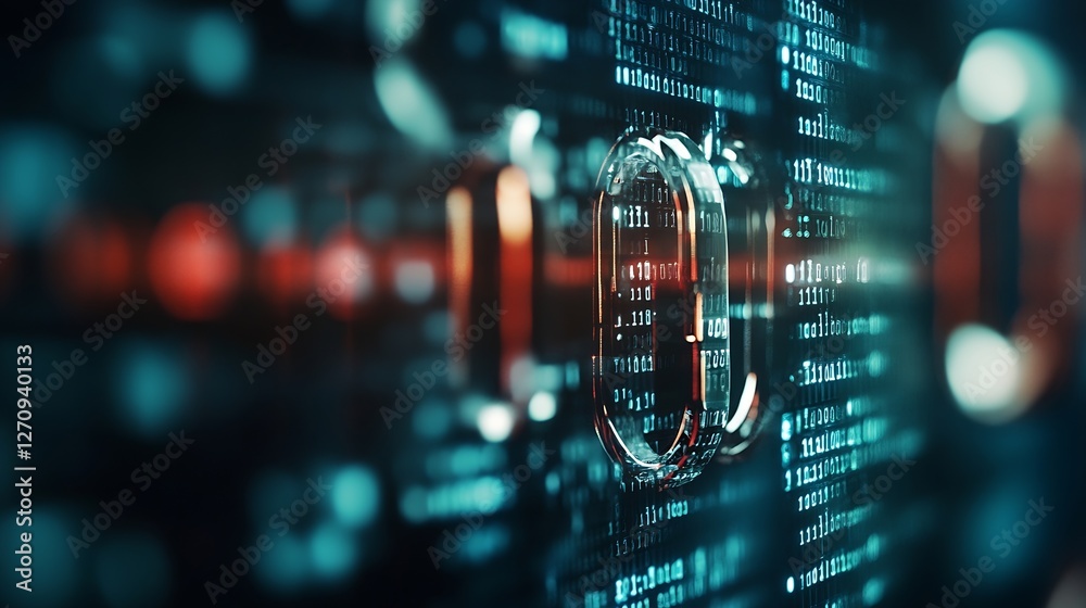 Poster Macro shot of a secure padlock overlaid on digital data representing online security and protection : Generative AI