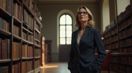 Fototapeta premium Professional woman standing confidently in a historic library setting