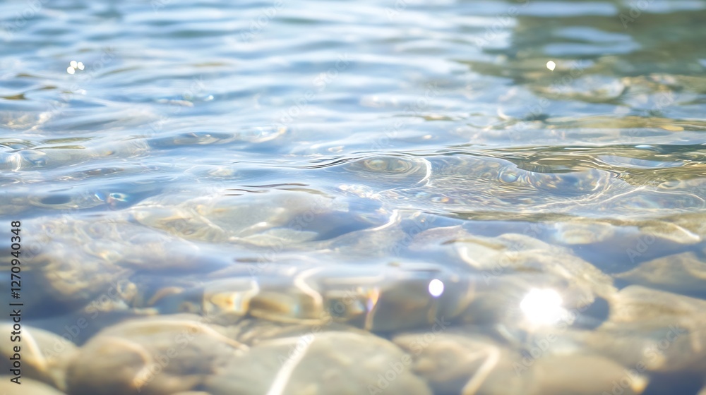 Poster crystal clear water gently flowing over smooth pebbles in a sunlight filled natural setting : genera