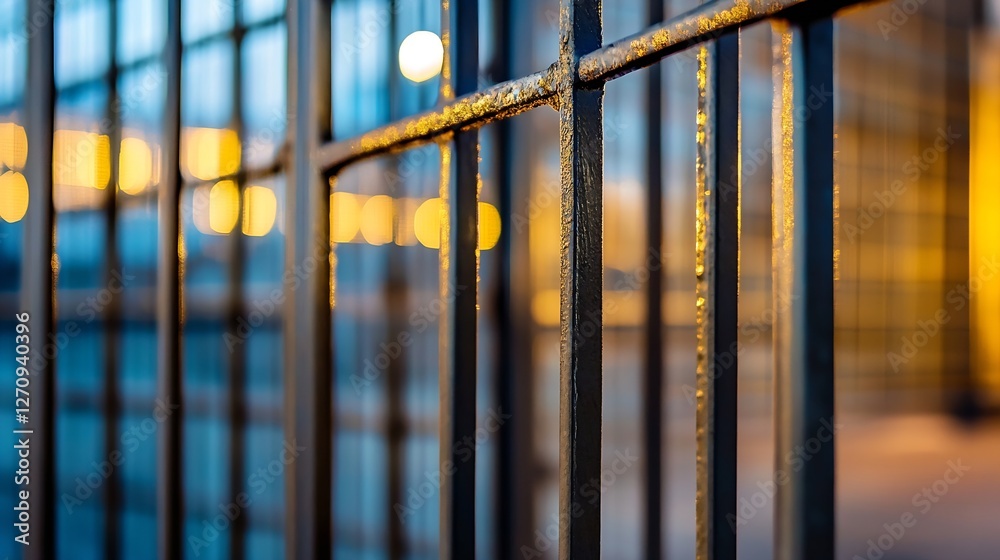 Poster Artistic CloseUp of Metal Bars with Bokeh Effect in the Background Capturing Urban Life : Generative AI