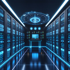 This digital artwork showcases a high-tech, futuristic server room illuminated by striking neon blue lighting. Rows of glowing server racks extend into the distance, while a sleek,