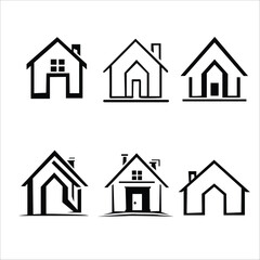 Simple Black Line Art House Icons Set for Real Estate or Design