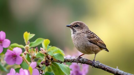Closeup of a small bird perched on a branch surrounded by blooming pink flowers capturing the beauty of nature : Generative AI