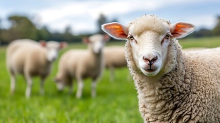 Fototapeta premium Charming and curious sheep grazing peacefully in a beautiful green landscape : Generative AI