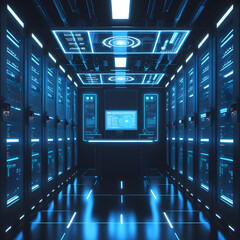 This digital artwork showcases a high-tech, futuristic server room illuminated by striking neon blue lighting. Rows of glowing server racks extend into the distance, while a sleek,
