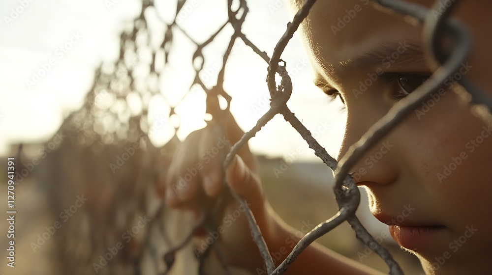 Aufkleber young boy looking pensively through a chain link fence capturing a moment of childhood reflection : 