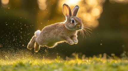 Obraz premium Bunny leaping sunset meadow nature spring
