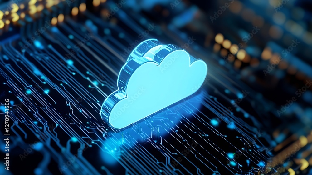 Fototapete Stylized digital cloud icon over an electronic circuit board symbolizing cloud computing technology : Generative AI