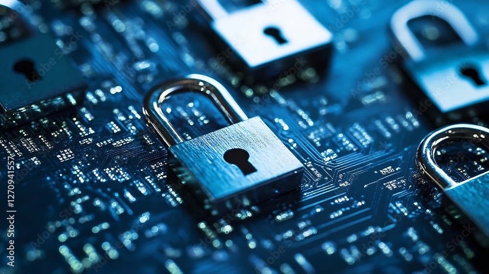 Leinwandbilder Digital security concept depicted by multiple metal locks on an intricate circuit board background : Generative AI
