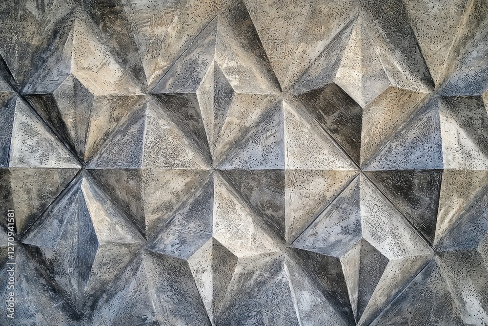 Poster an abstract geometric pattern with textured gray surfaces and sharp angular shapes, creating a moder