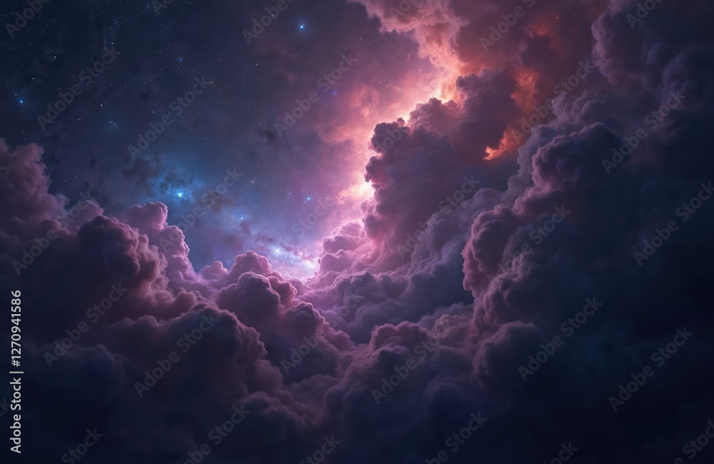 Wall mural dramatic space with clouds and galaxies. abstract realistic backdrop of universe with a photorealist