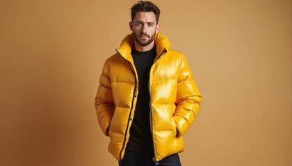 Man poses in studio wearing yellow puffer jacket, black turtleneck shirt, dark blue jeans. Modern winter style outfit on beige background. Cool trendy male model in outerwear. Warm clothing for cold