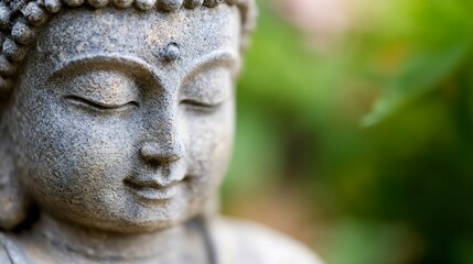 Exquisite close up of serene Buddha statue surrounded by lush greenery : Generative AI