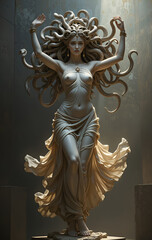 Ai generative contemporary art in the form of stone sculpture is Greek and Roman art, conveying the beauty and danger of a young woman who looks graceful and calm, but her hair is snakes like Medusa.