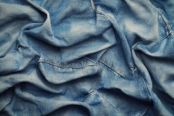 A top-down view of crumpled blue denim fabric, showcasing its soft, weathered texture, intricate weave, and subtle color variations, creating a visually appealing and versatile background image.