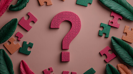 Colorful question mark surrounded by puzzle pieces and leaves