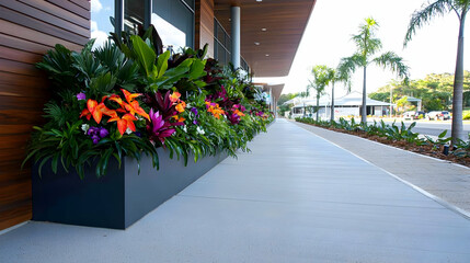 Colorful Flowerbeds At Modern Building Exterior