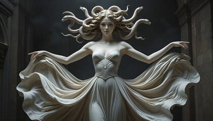 Ai generative contemporary art in the form of stone sculpture is Greek and Roman art, conveying the beauty and danger of a young woman who looks graceful and calm, but her hair is snakes like Medusa.