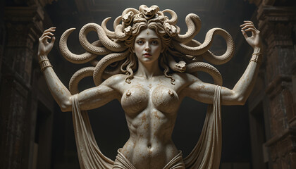 Ai generative contemporary art in the form of stone sculpture is Greek and Roman art, conveying the beauty and danger of a young woman who looks graceful and calm, but her hair is snakes like Medusa.