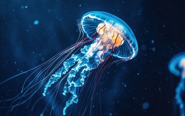 A glowing jellyfish drifting in deep blue water