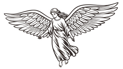 Fototapeta premium Elegant angel illustration with large detailed wings, flowing robe, and serene expression in a black and white sketch background
