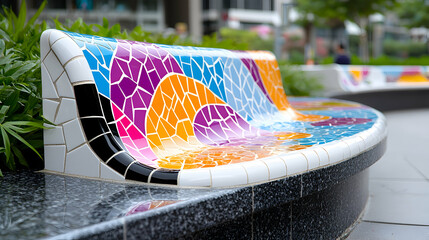 Colorful Mosaic Curved Bench in Urban Park