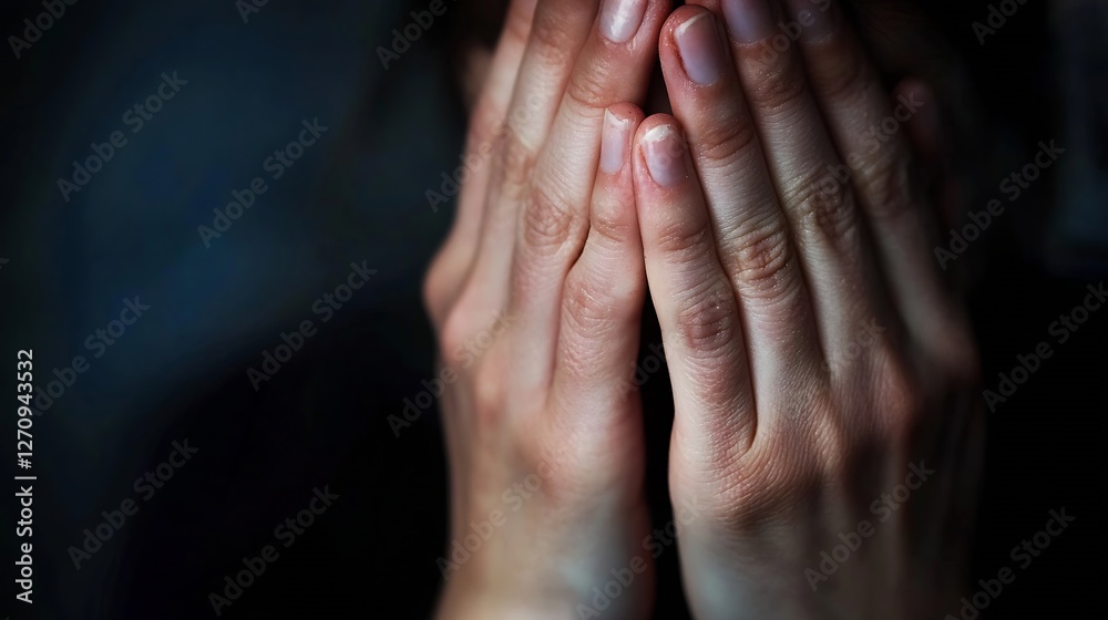 Poster close up of hands covering face conveying feelings of sadness and vulnerability : generative ai