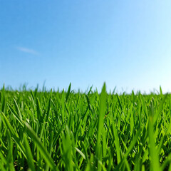 Fototapeta premium Close-up vibrant green grass lawn, natural greenery background texture of lawn garden. The lush blades of grass fill the frame. Lawn for training football pitch, Grass Golf Courses.