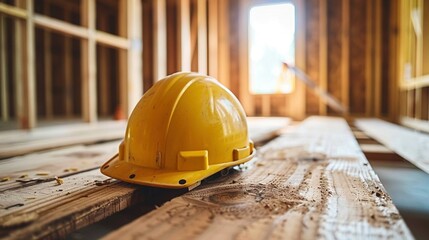 Yellow hard hat on wooden construction planks closeup image. Unfinished building, carpentry hardhat close up photography. Protective gear. Safety craftsmanship concept photo realistic