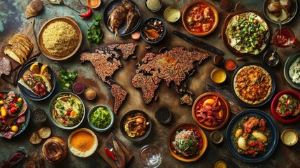 World map food art, colorful cuisine display, global dishes, food photography