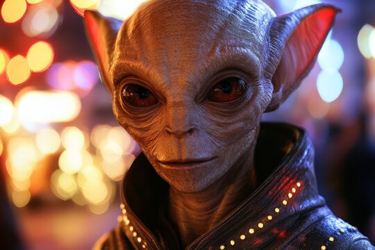 Alien portrait against a colorful background in a vibrant extraterrestrial marketplace at night