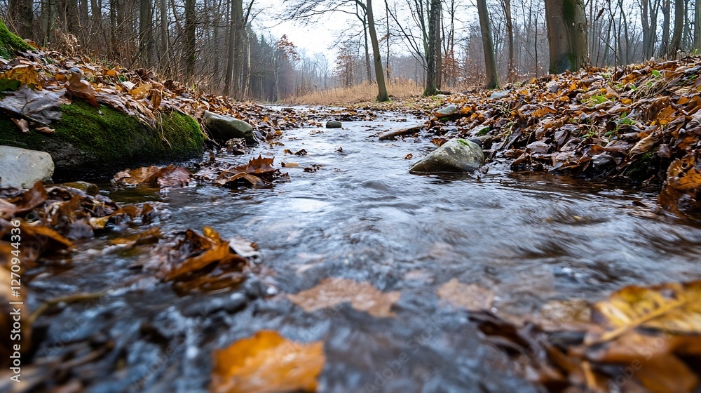 Aufkleber Flowing stream surrounded by colorful autumn leaves in a serene natural setting : Generative AI