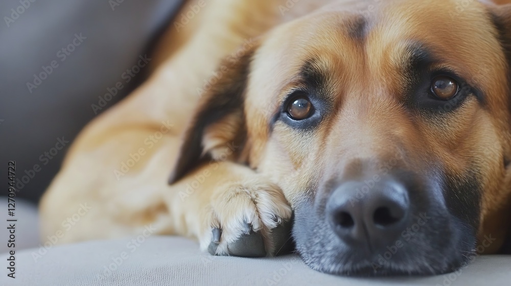 Poster Closeup of a gentle dog resting on a couch with expressive eyes showing calmness and warmth : Generative AI