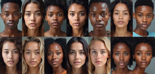 Obraz premium Collage shows portraits of people with different ethnic backgrounds, skin tones. Multiracial society, human variety. Harmony, inclusion, coexistence, individuality, equality, community concept.