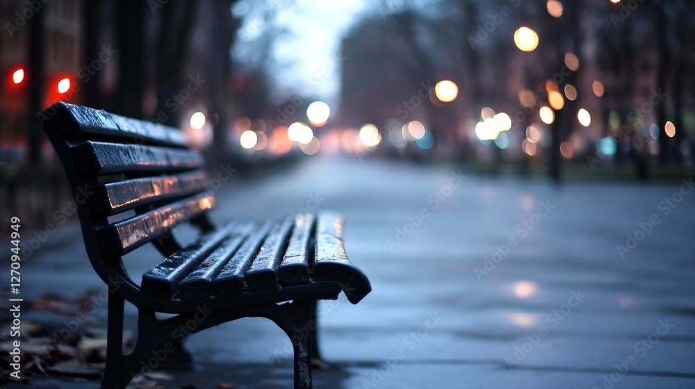 Poster peaceful bench in a dimly lit park with wet surfaces reflecting lights at dusk : generative ai