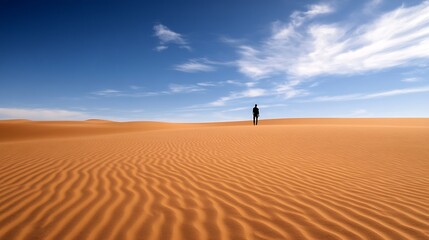 Lone figure walking across a vast golden desert with beautiful blue skies : Generative AI