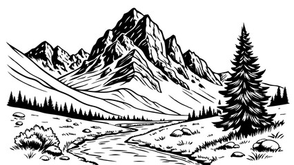 Fototapeta premium Hand-drawn mountain landscape illustration with a flowing river, pine trees, and scenic nature in a monochrome sketch