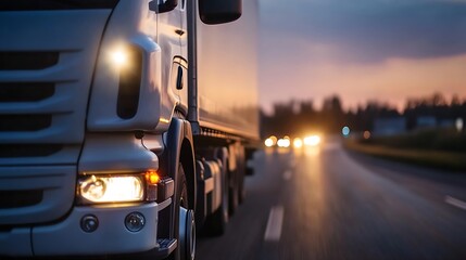 Close up of a truck driving on a highway with headlights shining during sunset showcasing motion : Generative AI