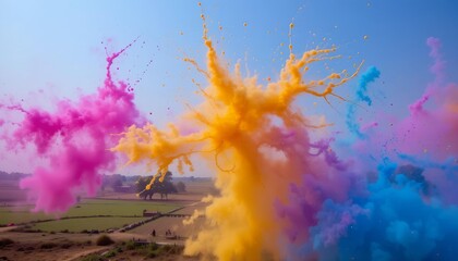 Dynamic splash of colorful abir powder in rural landscape for holi celebration