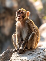Naklejka premium Wild monkey observing its surroundings in natural habitat scenic rock formation wildlife photography