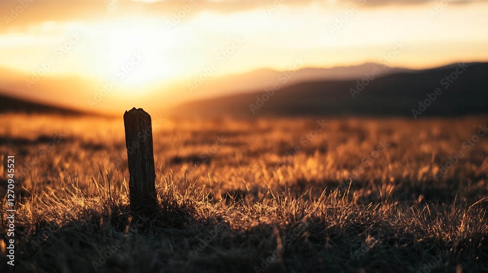 Poster lonely wooden post standing in a vast field during sunset casting beautiful golden light : generativ