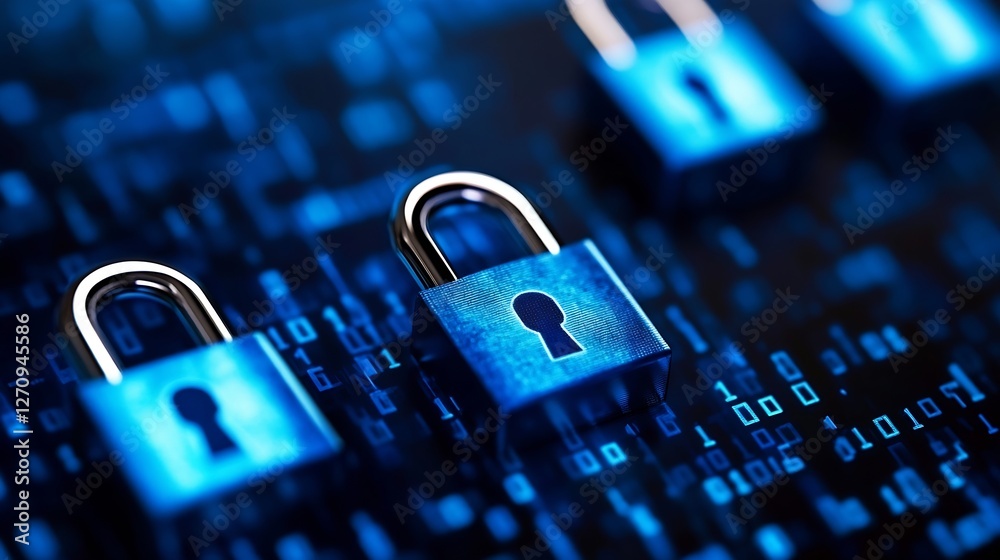 Poster High Security Digital Data Protected with Padlocks on a Blue Background Representing Cybersecurity : Generative AI