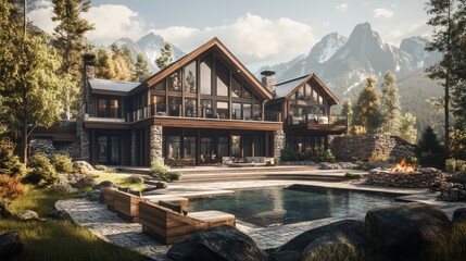 Obraz premium A serene mountain home with stunning views of the surrounding peaks, featuring rustic wooden finishes, stone accents, and large windows to showcase the natural beauty.