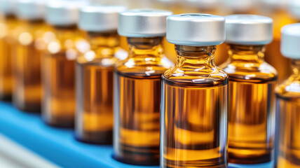Sterile vials filled with amber liquid in pharmaceutical production line, showcasing precision and quality in controlled environment