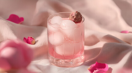 A refreshing pink drink with ice and a flower garnishment sitting on a dreamy pastel-colored background.