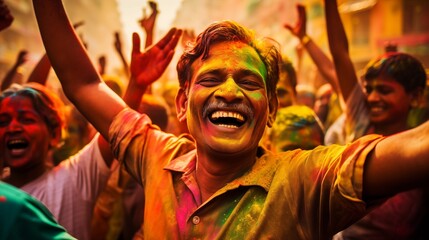 Obraz premium Man covered in Holi colors smiling joyfully, surrounded by a crowd enjoying the festival of colors in an energetic street scene.