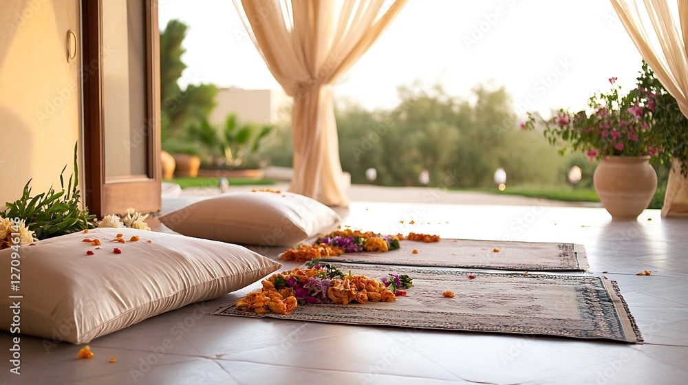 Poster elegant indoor setting with cushions and flower petals showcasing serene ambience and natural light 