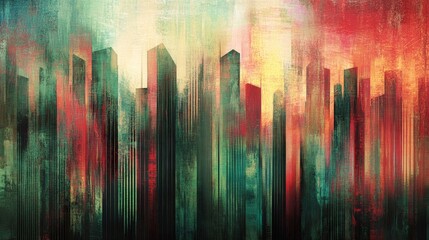 Abstract cityscape, colorful urban skyline, modern city art, vibrant city view, geometric skyscrapers, sunset city scene
