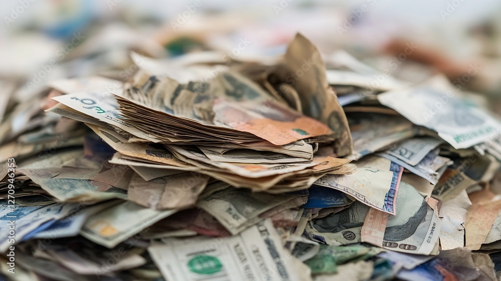 Fototapete closeup view of a diverse pile of currency notes creating a visual representation of wealth and fina